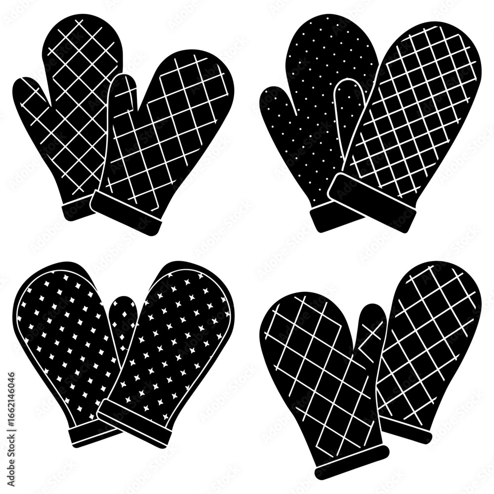 Aufkleber collection of black and white oven mitts with different patterns displayed in a grid arrangement