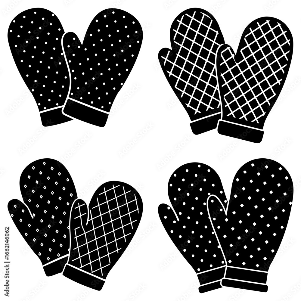 Aufkleber four sets of black and white patterned oven mitts arranged in a symmetrical pattern on a white backg