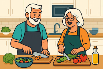 Senior Couple Cooking Dinner in Modern Kitchen, Concept For  Wellness and Family Time &ndash; Healthy Lifestyle Illustration.