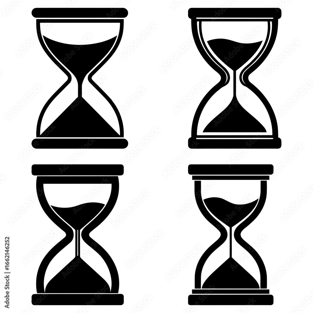Poster four hourglasses in black and white showing the passage of time with sand flowing in each timer imag
