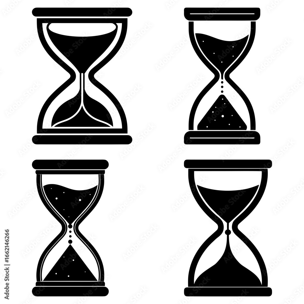 Poster four black and white hourglasses with varying levels of sand displayed on a white background image v