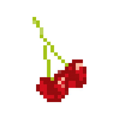 Pixelated cherries with bright red hue and green stems. icon styled with a classic retro game feel.
