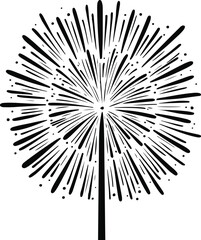 Obraz premium Happy New Year 2026 fireworks celebration in black and white line art, featuring a single central firework bursting with bold, expressive lines, rendered in a minimal style, created as a vector illust