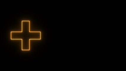 Neon glowing plus sign. Hospital sign illustration on black background.