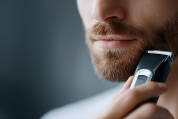 Man using electric trimmer for beard grooming in modern bathroom  