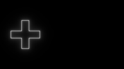 Neon glowing plus sign. Hospital sign illustration on black background.