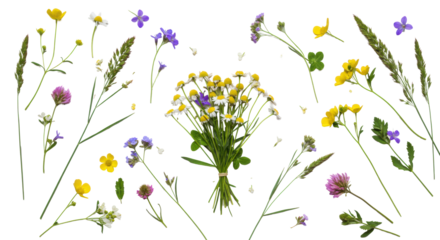 Vibrant wild meadow flowers and green grasses perfectly arranged on an immaculate bright white studio background with copy space, top-down flat lay, sharp focus. Concept of purity and organic growth