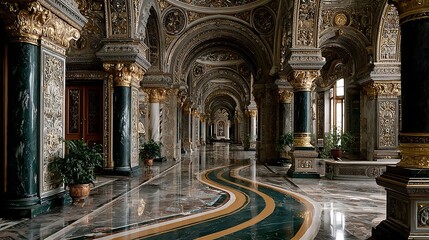 Fototapeta premium Elegant marble corridor with gold decorative trim high resolution picture