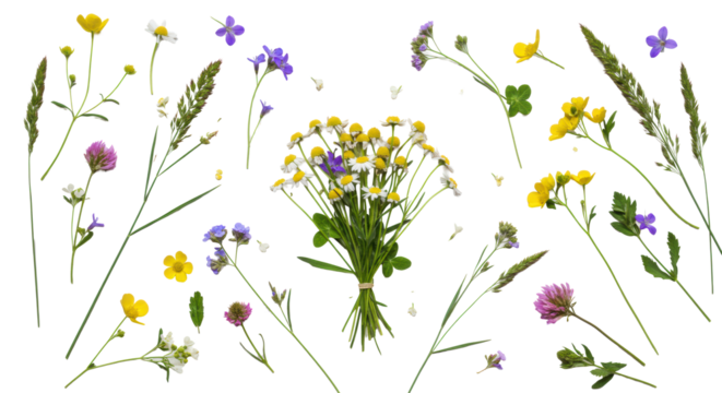 Vibrant wild meadow flowers and green grasses perfectly arranged on an immaculate bright white studio background with copy space, top-down flat lay, sharp focus. Concept of purity and organic growth