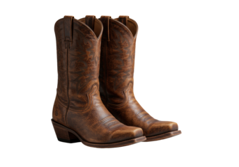 Distressed brown leather cowboy boots, rich patina, well-maintained, on clean light grey studio surface with negative space, concept of enduring business journey and resilience