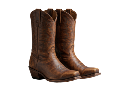 Distressed brown leather cowboy boots, rich patina, well-maintained, on clean light grey studio surface with negative space, concept of enduring business journey and resilience