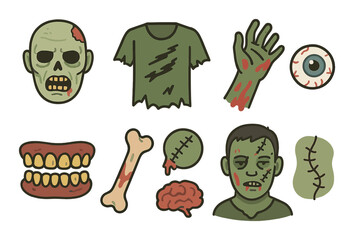 Zombie themed cartoon icons with undead heads, torn clothes, and body parts