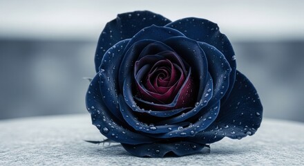Moody close-up of a dark blue rose with a reddish center