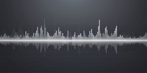 City skyline building silhouette illustration in the night with an EKG monitor heartbeat graph as a reflection on the water with blue sky backdrop and equalizer sound waves