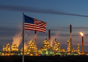  american flag waving in front of a glowing industrial refinery at dusk with smoke and steam billowing from stacks