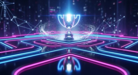 Cyberpunk Trophy: Futuristic Award Ceremony Illustration with Neon Lights and Abstract Network Background