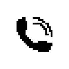 Retro-style pixelated telephone receiver in black and white, resembling early digital designs.