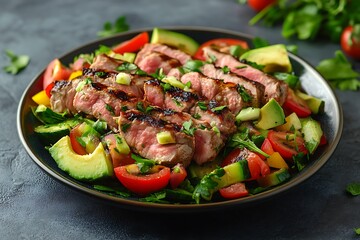 Delicious Sliced Steak with Fresh Avocado, Tomatoes and Vegetable Plate Closeup