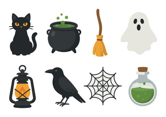 Halloween icons: black cat, witch's cauldron, broom, ghost, lantern, crow, spider web, potion
