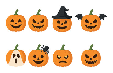 Spooky halloween pumpkin faces with witch hat and ghost designs