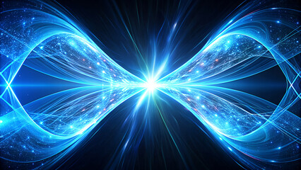 Vibrant blue energy waves form an abstract infinity symbol with a bright starburst at its center against a dark background