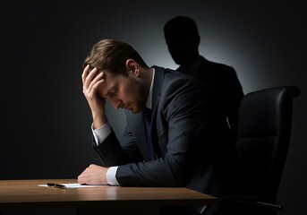  stressed businessman sitting at a desk with his head in his hands, facing failure and despair