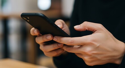  a persons hands typing on a black smartphone, focusing on the interaction with the device