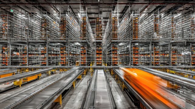 Automated warehouse, conveyor system, logistics, interior, efficiency, distribution center, transport, motion blur