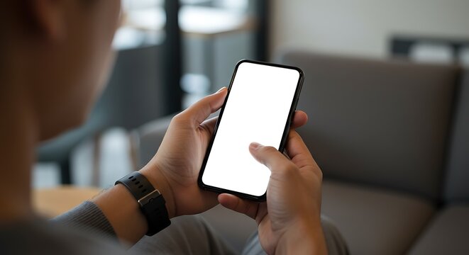  persons hand holding a smartphone with a blank white screen, indoors with blurred background