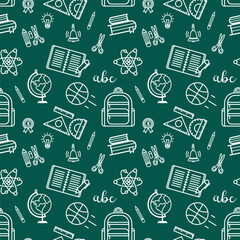 Seamless pattern with outline icons school supplies.Backpack,pencil, rulers, scissors,books,globe,bell.Vector illustration on green background.For wrapping paper, stationery, covers,scrapbooking.