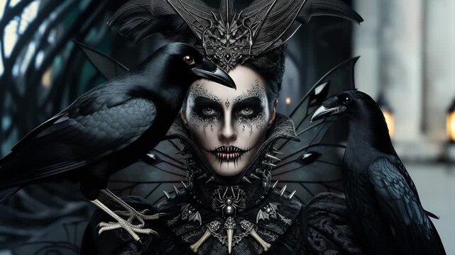 Woman with makeup and in a dark outfit, with crows on the sides. Woman in the image of an evil queen with crows. Mysticism, fantasy, gothic. For the theme of fantasy, Halloween and mysticism.