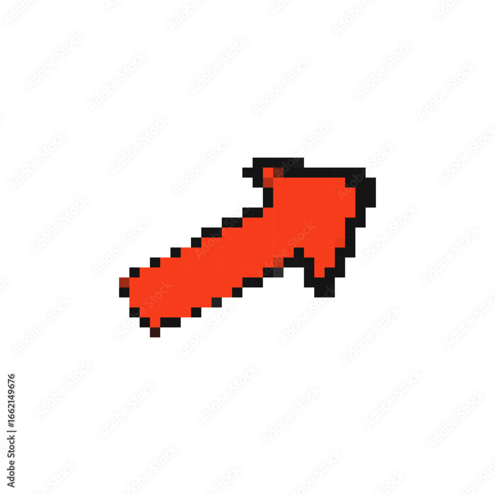 Poster red arrow icon in pixel art style. small mosaic design with clear direction indicator imagery.