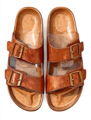 two brown sandals with a tan strap on transparent background
