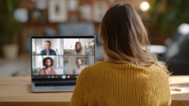 back view of business woman talking to her colleagues about plan in video conference multiethnic business team using laptop for a online meeting in video call group of people smart working from home  - Powered by Adobe