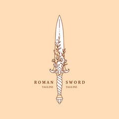 Minimalist Line Art of a Floral Hero Sword: An Elegant, Simple Monoline Drawing with Leaves and Vines, Logo and Tattoo design