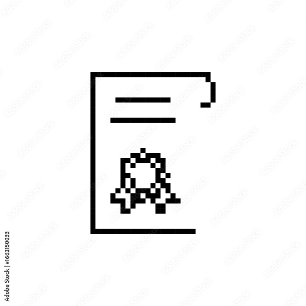 Poster minimal pixel document icon with a decorative emblem in retro mosaic style, ideal for user interface