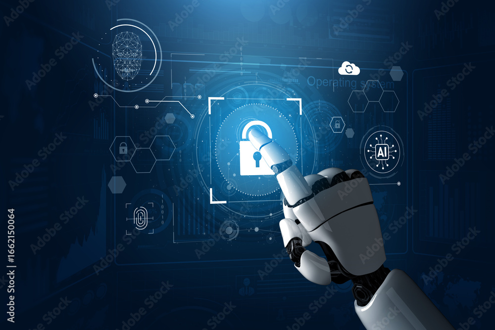 Poster ai monitoring cybersecurity, verifying biometric access, analyzing identity patterns, and securing d