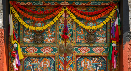 Obraz premium The intricate details of a traditional Tibetan architectural element, such as a carved wooden window or a painted door, adorned for the celebrations
