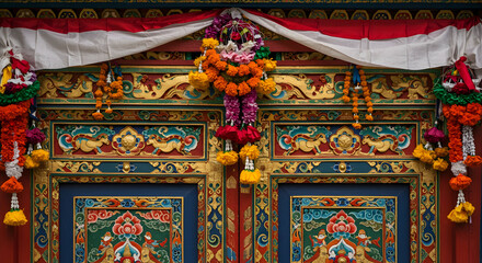 The intricate details of a traditional Tibetan architectural element, such as a carved wooden window or a painted door, adorned for the celebrations
