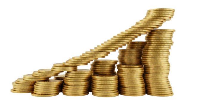 Numerous identical gold-toned metal coins meticulously stacked in an elegant ascending spiral form, perfectly centered against a pristine transparent background, concept of financial growth and