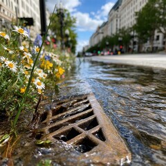 Urban waterway with vibrant flowerbeds