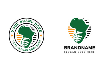 collection of finger or hand holding african Continent Logo Design with stripped horizontal filled shape on circle arrangement. combination green, orange and black colors on icon. 