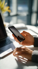 Fototapeta premium Person's hands holding a smartphone with a laptop in the foreground on a white surface graphic design