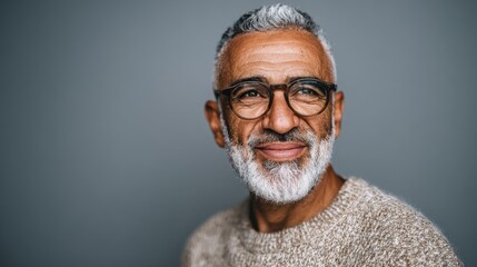 portrait of a mature businessman wearing glasses on grey background happy senior latin man looking at camera isolated over grey wall with copy space close up face of happy successful business man no 