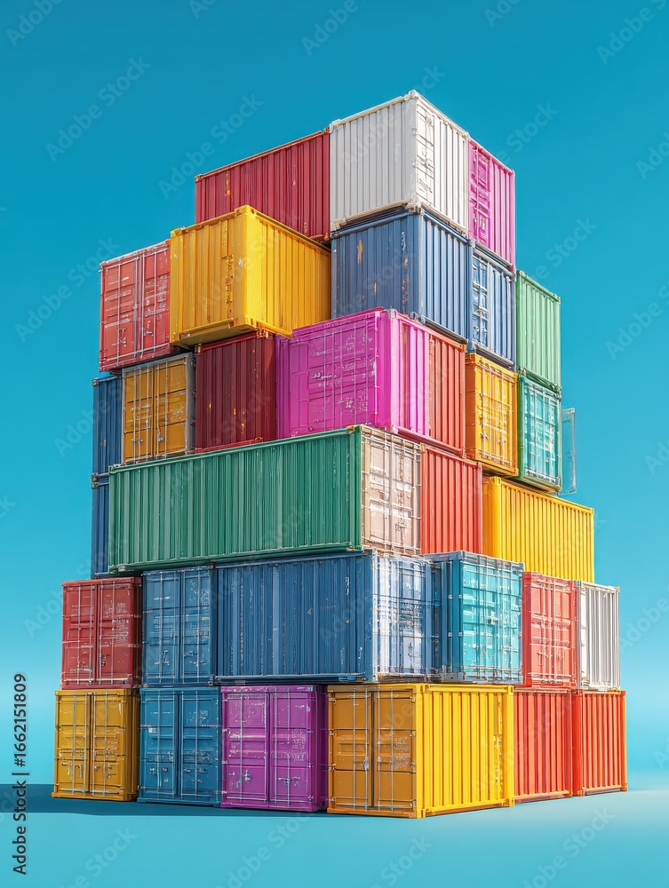 Poster stacked colorful cargo containers isolated on plain background logistics concept generative ai