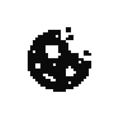 Black and white pixelated cookie icon in retro mosaic style with a minimalist design.