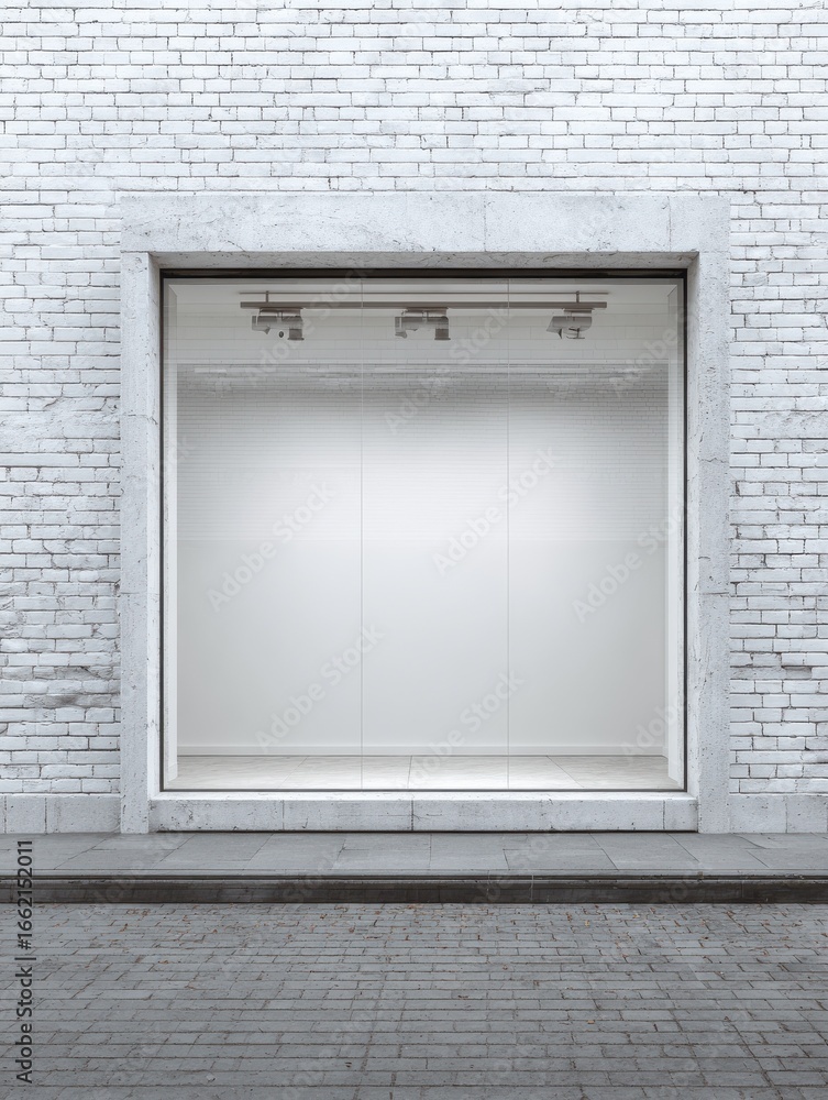 Poster empty storefront window display with clean glass and white brick wall background minimal layout conc