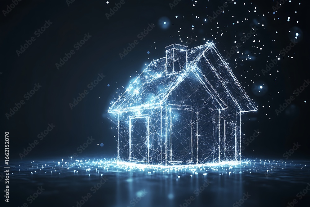 Poster glowing wireframe house structure with white sparkles on dark reflective surface