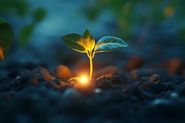 Glowing Seedling Growing in Dark Soil with Green Leaves New Life Concept