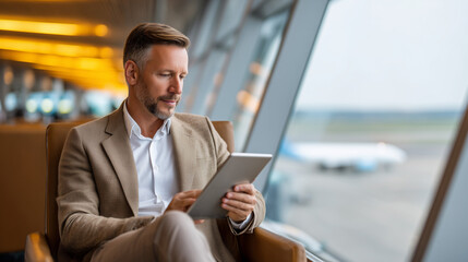 Handsome Businessman Working on tablet Computer While Waiting for His Flight on Modern Airport Terminal. Man Sitting in a Boarding Lounge of International Airline with Airplanes Departing, Arriving